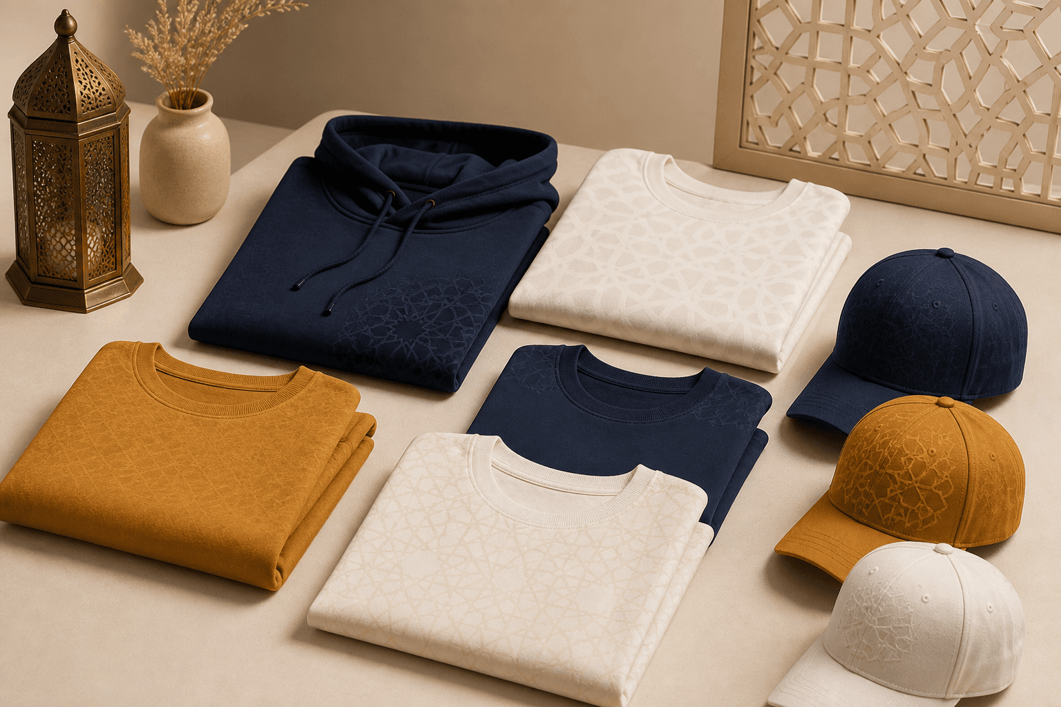 Custom Islamic lifestyle apparel including hoodies, shirts, and caps